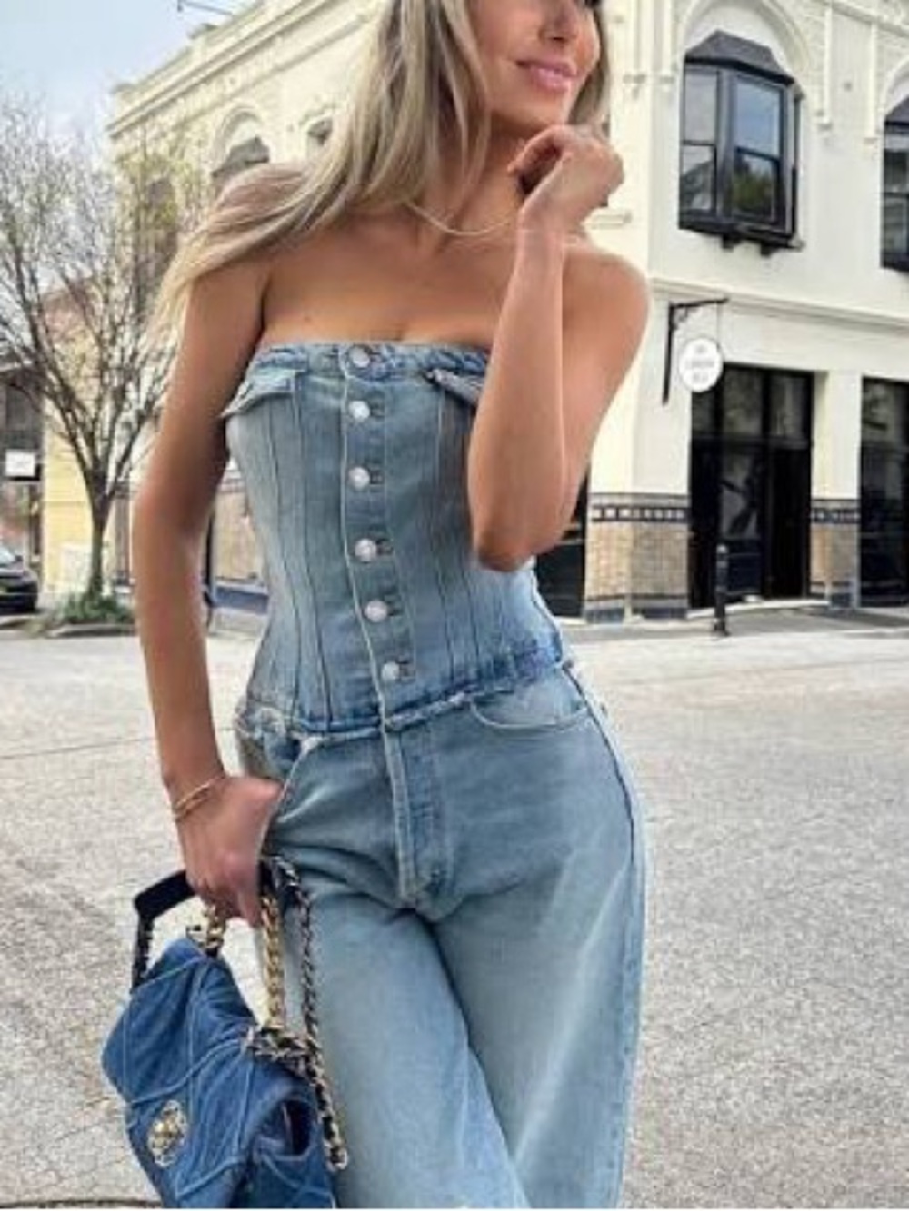 Zara Light Blue Denim Strapless Corset Jumpsuit